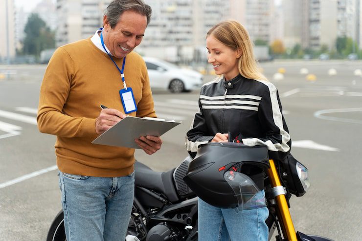An instructor with a clipboard talks with a rider beside a motorcycle during a license test.