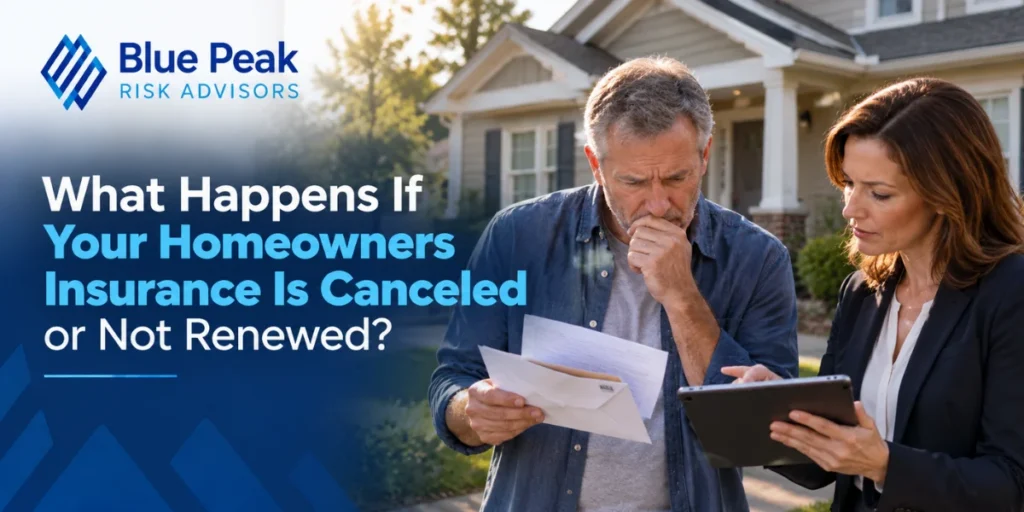 Blue Peak Risk Advisors graphic shows worried homeowners reviewing a letter and tablet outside a house, with a headline about canceled or nonrenewed insurance.