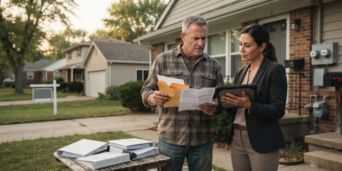 A homeowner and real estate agent review property documents and a tablet outside a suburban house, sharing a focused, thoughtful moment.