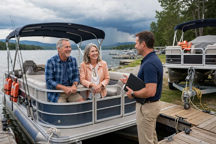 A man and woman engage in conversation with another man on a pontoon boat, surrounded by water and greenery.