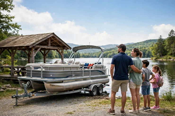A family poses together beside a pontoon boat, smiling and enjoying a sunny day by the water.