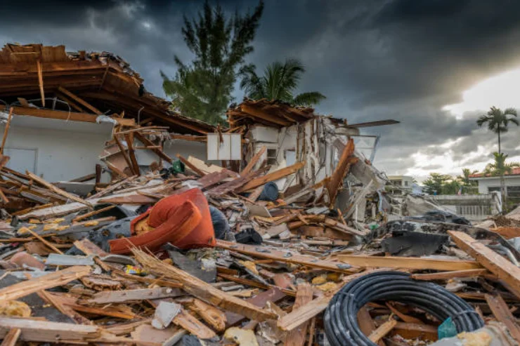 Storm-damaged home with scattered debris under dark storm clouds, showing the kind of property loss a homeowners or flood claim may involve