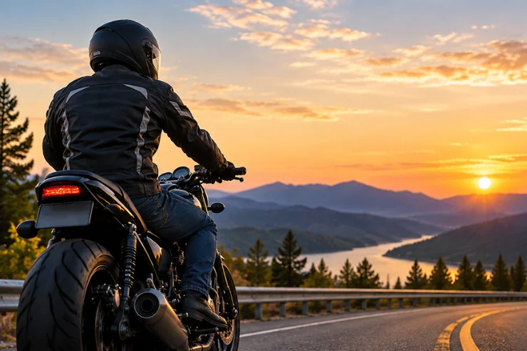 A person rides a motorcycle along a road, silhouetted against a vibrant sunset sky.
