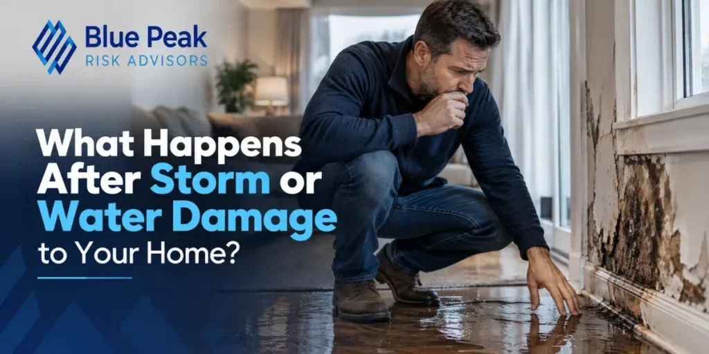A damaged home interior showing water stains, debris, and furniture displacement after a storm or flooding incident.