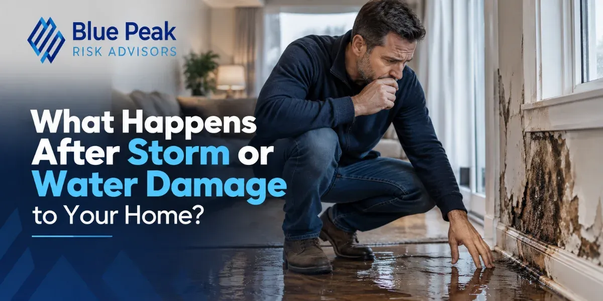 A damaged home interior showing water stains, debris, and furniture displacement after a storm or flooding incident.