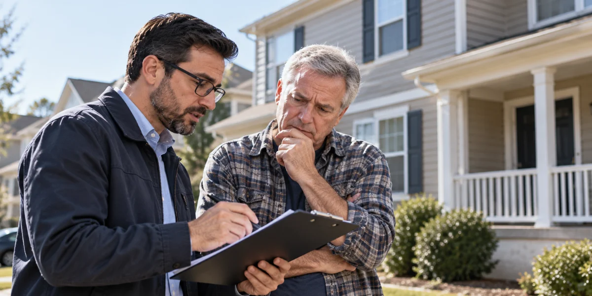 A contractor reviews a clipboard with a concerned homeowner outside a suburban house, discussing repairs in bright daylight; their expressions seem thoughtful and serious.