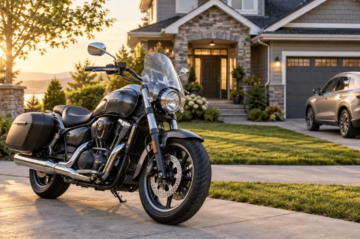 A motorcycle parked on the driveway in front of a residential house with a well-maintained lawn.