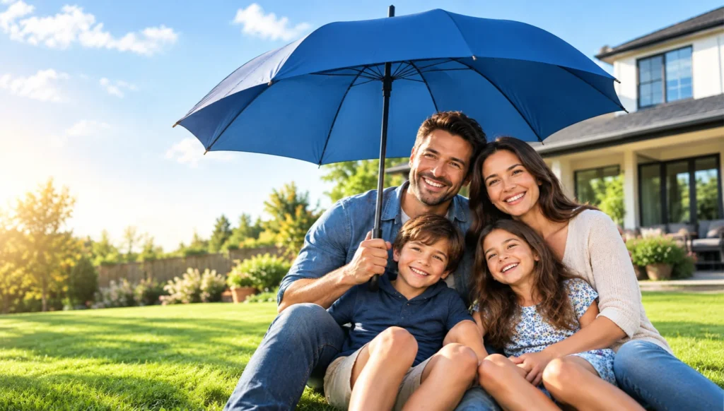 A family of four sits together under a colorful umbrella in their front yard, smiling and enjoying a sunny day.